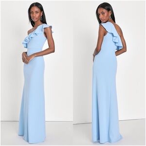 LULU’S Last Forever Powder Blue One-Shoulder Ruffle Maxi Dress